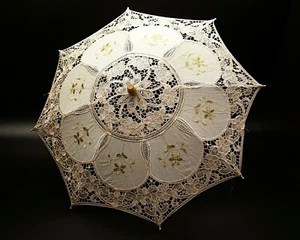20"  Ivory Gold Wedding Lace Linen Parasol Umbrella Bridal Shower Party Decor - Picture 1 of 3