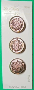 (3) VINTAGE 7/8" Le CHIC CROWN CREST COAT OF ARMS GOLD METAL SHANK BUTTONS(M211) - Picture 1 of 3