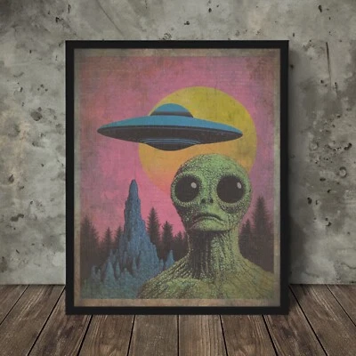 ALIEN UFO MOON Wall Art Print, Vintage Cryptid Pastel Poster, Sci-fi Lunar Decor - Image 1 of 4