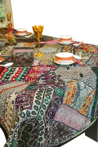 TISCHDECKE SCHWARZ PATCHWORK HANDBESTICKT GRÖSSE 60"X104" USA VERKÄUFER KOSTENLOSER VERSAND - Bild 1 von 6