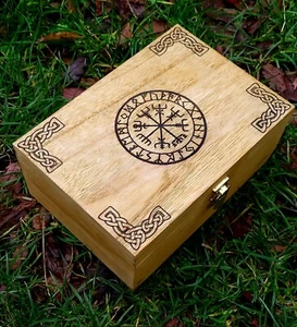 Handmade wooden jewellery / tea coffee box Viking Vegvisir Runes Pagan Norse  - Picture 1 of 3