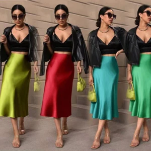 Womens Satin Silky High Waist Mid Skirts OL Office Formal Party Ladies Skirt - Picture 1 of 18