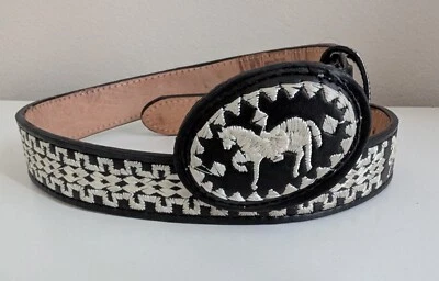 Kids western black leather belt cinto piteado rodeo horse handmade Mexico 28 - Image 1 of 4