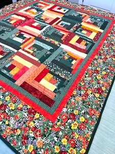 HANDMADE SIGNED USA QUILT LOG CABIN FLORAL GREEN ORANGE 48X56 PANSY RED KAO - Picture 1 of 7
