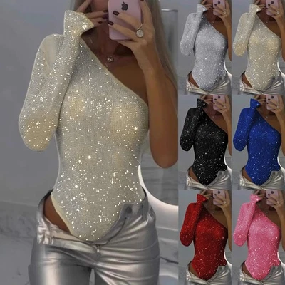 Women Glitter Sequin Bodysuit Tops Shirt One Shoulder Leotard Jumpsuit Plus Size - Image 1 of 4