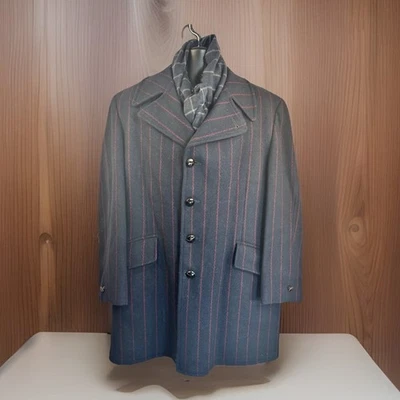 Vintage 1970s McGregor Overcoat Navy Red Pinstripe Wide Collar Heavy Faux Fur - Image 1 of 4