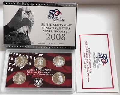 2008 United States Mint 50 State Quarters SILVER Proof Set with OGP & COA - Image 1 of 4