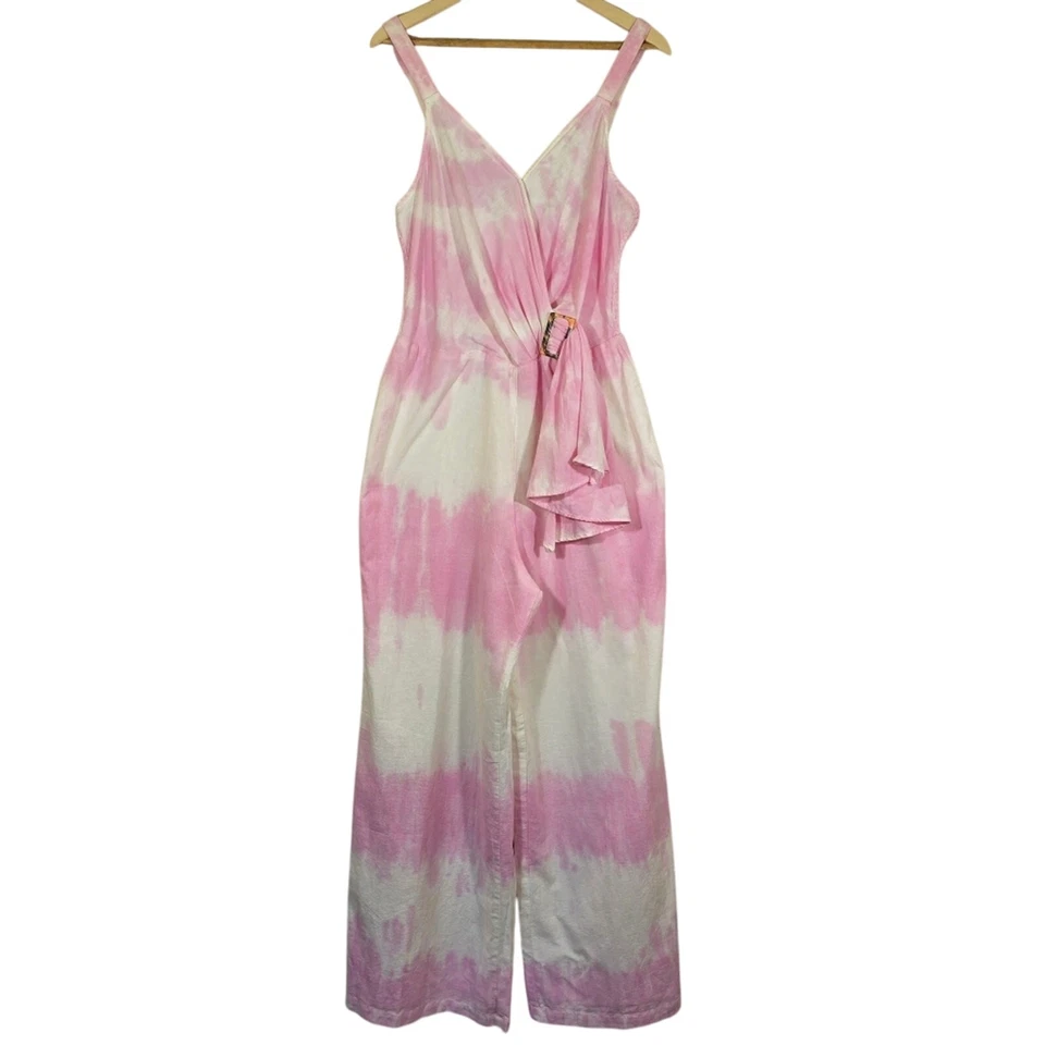 L Venus Cele Pink White Tie-Dye Wide Leg Jumpsuit NWT Womens Size 16 Linen Blend - Image 1 of 4