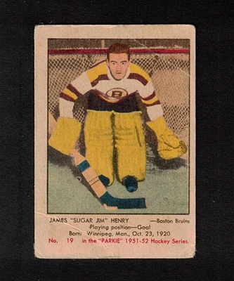 1951-52 Sugar JIM HENRY #19 ROOKIE Parkhurst Bruins GOALIE Star NHL Hockey Card Foto 1 de 2