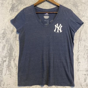 New York Yankees Shirt Women Sz L Blue V Neck Logo Double Sided MLB Fan Cheer - Picture 1 of 9