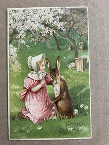 Vintage POSTCARD 1911 Easter Greeting Girl Hugging Bunny Rabbit anthropomorphic - Picture 1 of 2