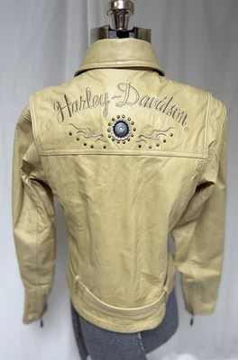 Harley Davidson Jacket Size S Beige Leather Motorcycle Riding Belted Zip Pocket - Image 1 of 4