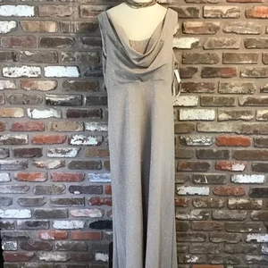 Betsy & Adam Women's Champagne Sparkle Cowl Neck Short Sleeve Maxi Gown 20W - Picture 1 of 7