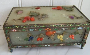 ANTIQUE CHINESE JADE PANEL & ENAMELED JEWELRY TRINKET BOX W/ SQUIRRELS - Picture 1 of 18