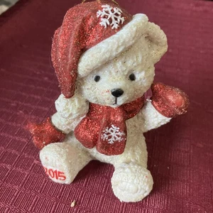 Dandee White Teddy Bear Christmas Ornament Red Glitter Hat Scarf #11 - Picture 1 of 11