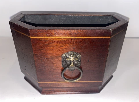 Vintage Edwardian Inlaid Mahogany Planter With Brass Lion Cover