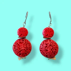 Vintage Asian Style Imitation Red Cinnabar Dangle Drop Earrings 2.2in Hook Backs - Picture 1 of 7