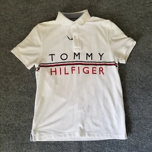 Tommy Hilfiger Shirt Men S White Logo Spell Out Embroidered Polo Custom Fit - Picture 1 of 16