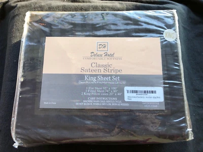 Conjunto de lençóis de cetim listrado preto microfibra 4 peças fronhas planas ajustadas sedosas - Imagem 1 de 3