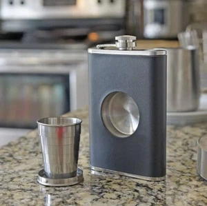 Shot Flask - 8oz Hip Flask With Built In Collapsible Stainless Steel Shot Glass