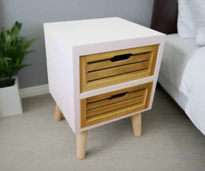 2 Drawer Bedside Cabinet White And Natural Nightstand Compact Storage End Table - Picture 1 of 7
