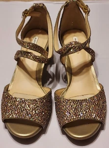 Alex Marie Seyland Rhinestone Gold Size 8 M Cross Strap Block Heel Sandals NEW - Picture 1 of 7