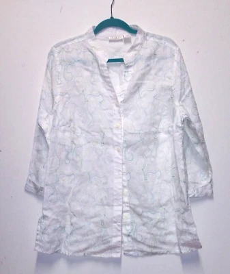 Camisa Top Tweeds 100% Lino Mujer 1X Blanca Bordada Cuello Abotonado 3/4 Foto 1 de 4