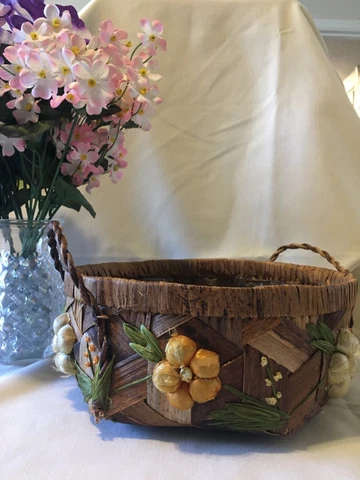 Vintage Wicker 1960's Round Embroidered Basket Cover