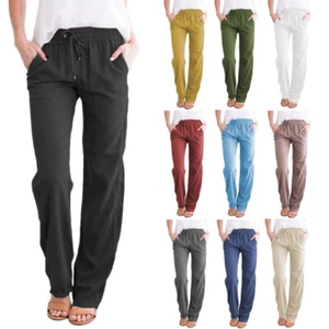 Womens Straight Elastic Waist Pants Drawstring Cotton Linen Casual Loose Pants - Picture 1 of 24