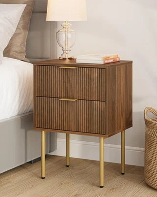 Night Stand,Mid-Century Modern Bedside Table with 2 Storage Drawer,Small Gold... - Image 1 of 4
