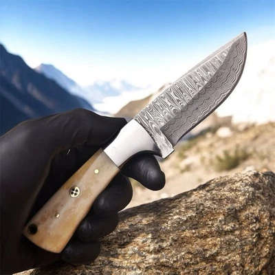 handmade Damascus Fix Blade Knife Best Camel Bone Handle Collectible - Image 1 of 4