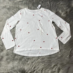 Old Navy White Red Heart Print Girls Long Sleeve Shirt Size Large 10/12 - Picture 1 of 4