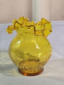 Gelbe Crackle Glas Knospe Vase Vintage mundgeblasen geraffter Rand 5"  - Bild 1 von 10