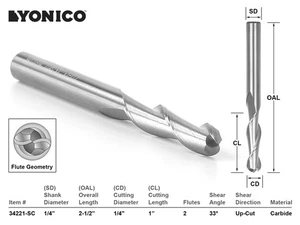 1/4" de diámetro. Broca de enrutador CNC nariz de bola de 2 flautas - vástago de 1/4" - Yonico 34221-SC - Imagen 1 de 1