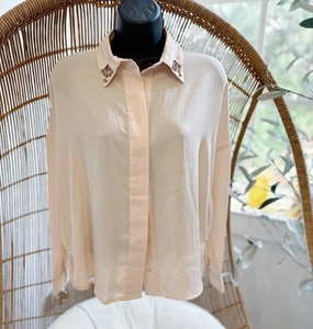 Camisa Blusa Zara Nueva con Etiquetas Rosa Melocotón Estrás Cuello Abotonada Talla Pequeña - Imagen 1 de 14