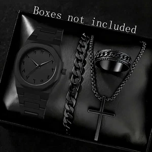 4er Set Herren Uhren Schwarz Quarz Uhr Schmuckset Modisch Business Geschenkset - Bild 1 von 5