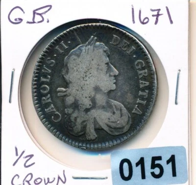 GREAT BRITAIN - 1671 - VERY  RARE -  1/2 Crown  - KM# 428.5  - #0151 - COMPARE ! - Image 1 of 2