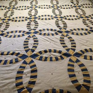 Vintage Handmade Hand-Tied Wedding Ring Quilt 78” x 76” Blue Yellow Muslin - Picture 1 of 7