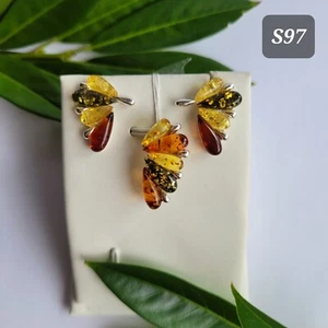 Silver 925 Crest Jewellery Set of earrings and pendant with Amber - Picture 1 of 3
