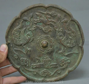 7" Collection Old China Bronze Ware Dynasty Palace Phoenix Bronze Mirror - Picture 1 of 12