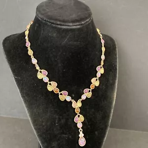 Vintage Gold Toned Multi Colored Teardrop Jewels Chain Necklace Adjustable 18" - Picture 1 of 12