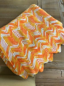 Afghan Throw Blanket Chevron/Zig Zag 48” X 80” Orange Sherbet White - Picture 1 of 8