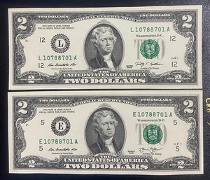 (2) 2009 2013 $2 Two Dollar Bill Serial SAME, RADA # 1078.8701 . UNC - Picture 1 of 2