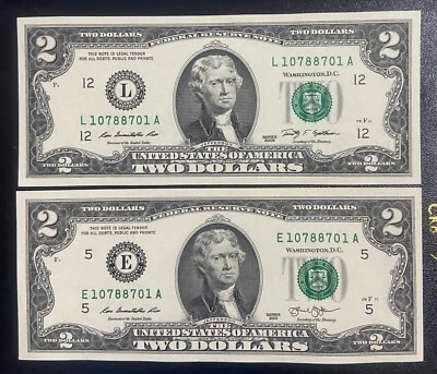 (2) 2009 2013 $2 Two Dollar Bill  Serial SAME, RADA # 1078.8701 . UNC - Image 1 of 2