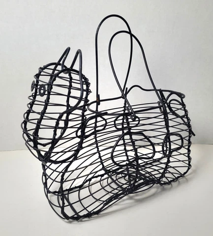 Vintage COW Egg Basket Black Metal Wire Farmhouse Country 7.5" Tall Cover