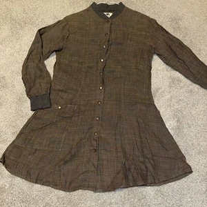 Flachs Kleid Tunika Skater Style Front Druckknöpfe winzig braun kariert Bündchen Gr. Petite Vintage - Bild 1 von 14