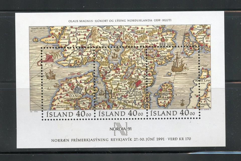 Сувенирный лист Исландии No715 Нордия 1991 карты марки как новые без наклеек и следов - Изображение 1 из 1