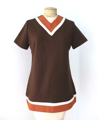 NOS Vtg 60s 70s Mod Beeline Brown Pumpkin Color Block V-Neck Acrylic Knit Top L - Image 1 of 4