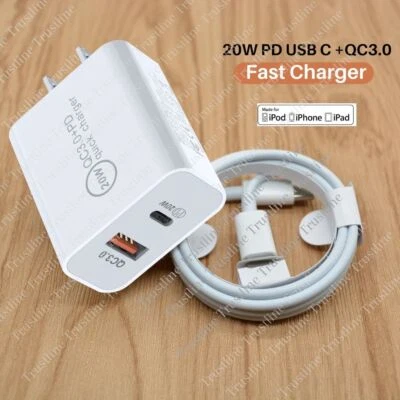 20W PD USB C Fast Charging Charger Adapter Type C Cable For iPhone 14 13 12 iPad - Image 1 of 4