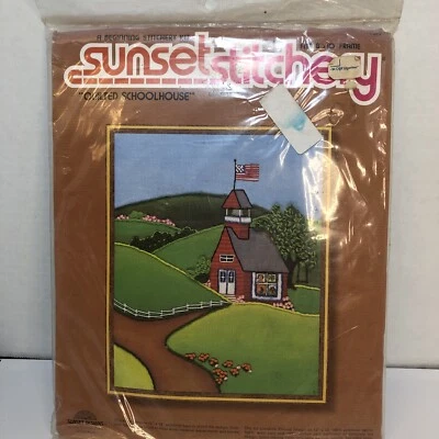 Vintage SUNSET Stitchery Crewel Embroidery Kit QUILTED SCHOOLHOUSE 1981 Teacher - Image 1 of 2